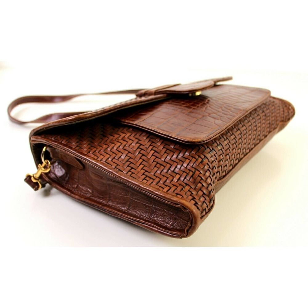BRIO! BROWN CROCO BRAIDED GENUINE LEATHER ENVELOPE CLUTCH SHOULDER BAG HANDBAG - Picture 10 of 12